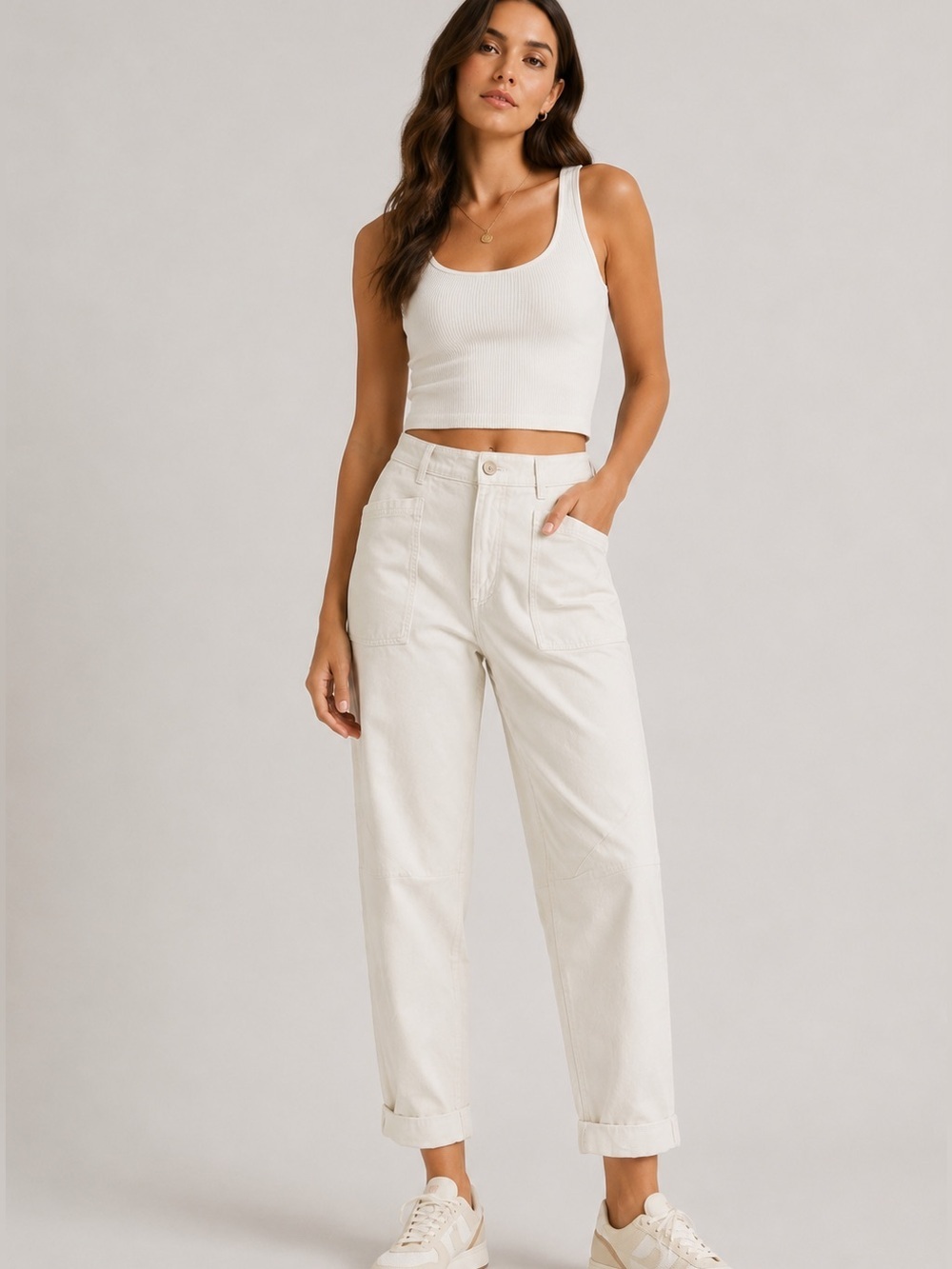 Melrose and Market Utility Pants Beige High Rise Straight Leg Ankle Casual Chic
